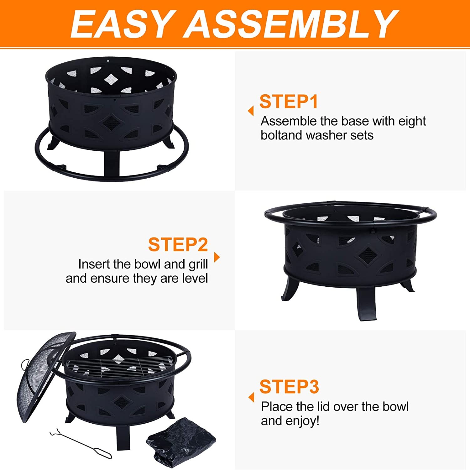Patio Wood Burning Portable Charcoal Fire Pit BBQ Grill Firepit Spark Screen