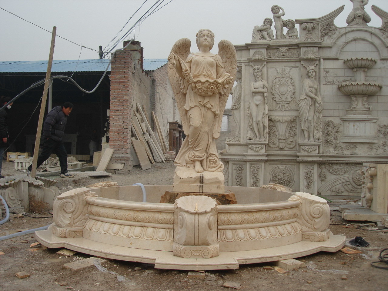 Angel With Wings Statue Marble Stone Water Fountain