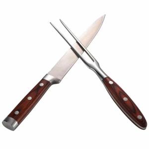 Quality BBQ tool 2PCS stainless steel 8inch kitchen knife and fork with PAKA wood forged handle wholesale