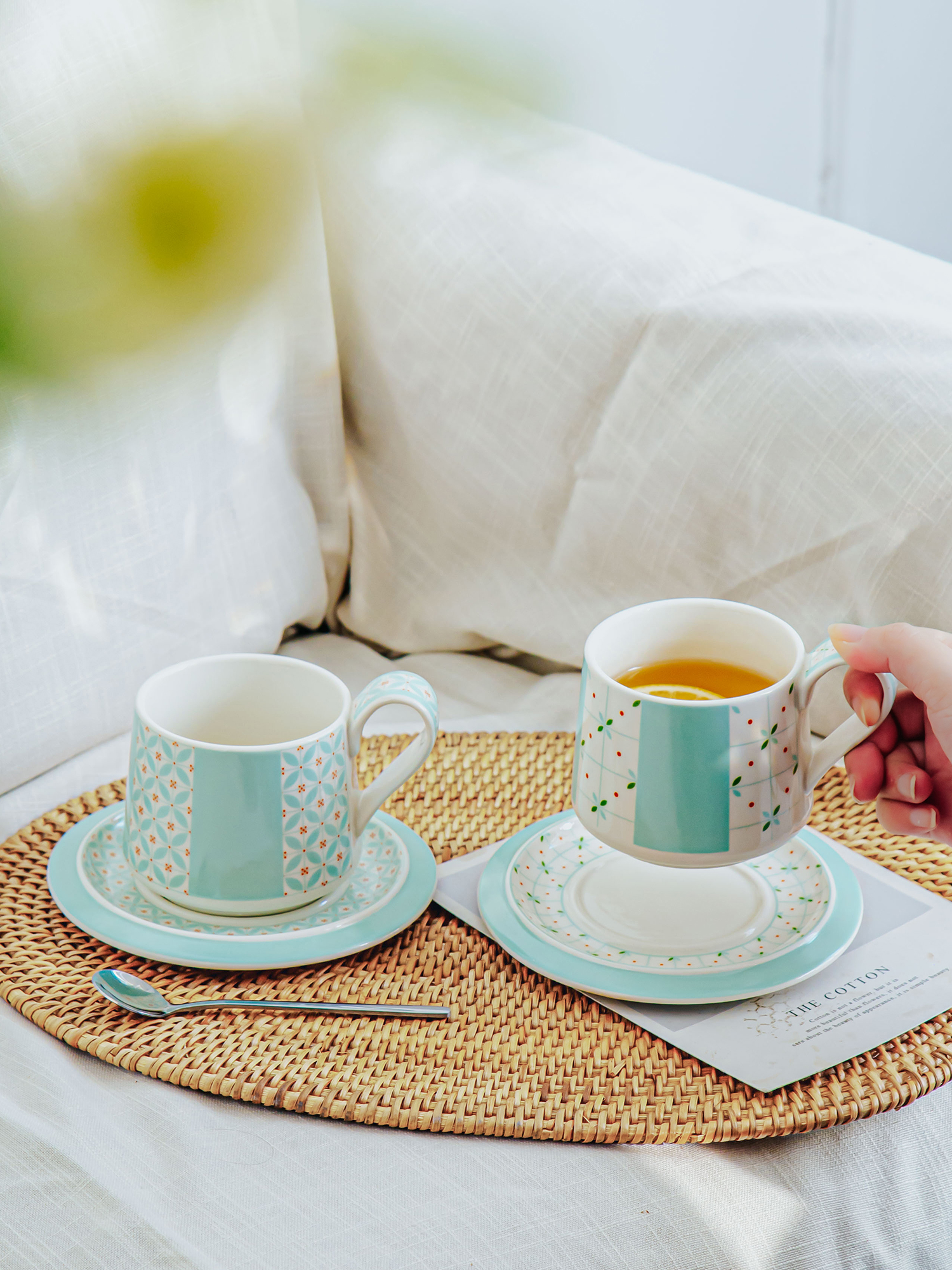 Simple Blue Ceramic Cup And Saucer Set For Cappuccino Or Tea In Europe Design