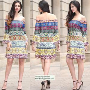 Quality strapless short printed women dress with pattern design in puff sleeve wholesale