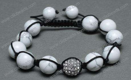 Adjustable Shamballa Bracelet, Howlite Rounds & Crystal Rhinestone Ball