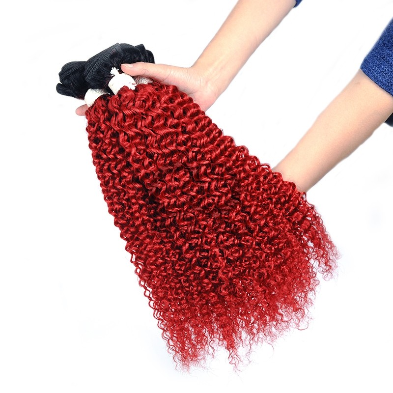 #T1B/Red Kinky Curly Remy Human Hair Bundles Sew In Weave Bundles Brazilian Bundle Deals
