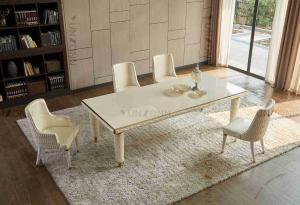 Quality Embroidery Leather Cover Luxury Modern Dining Tables White Tempered Glass Top Stainless Steel Frame For Home wholesale