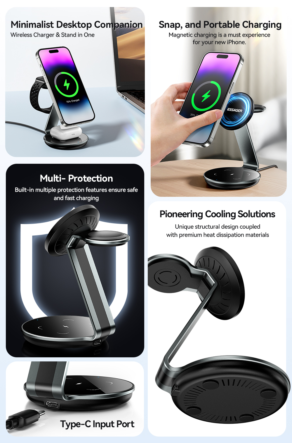 ESSAGER OJD-102 Series 3 In 1 Charging Stand Wireless Charging Pad USB C