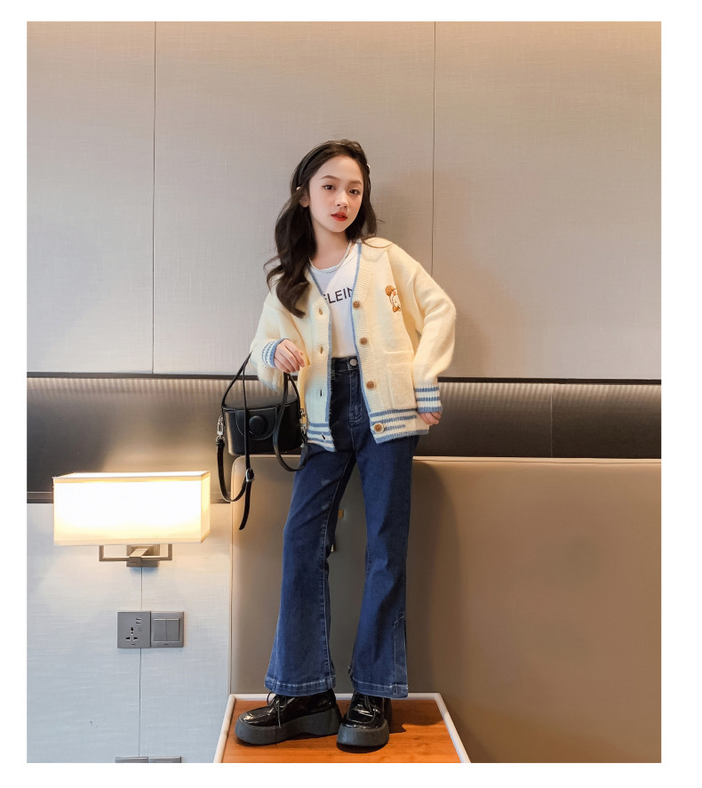 Autumn Winter Embroidery Trendy Children Clothing Girls Korean Apricot Knitted Cardigan Coat