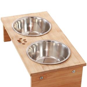 Quality Rectangle Elevated Bamboo Dog Feeder Cat Food Bowls For Small Animals wholesale