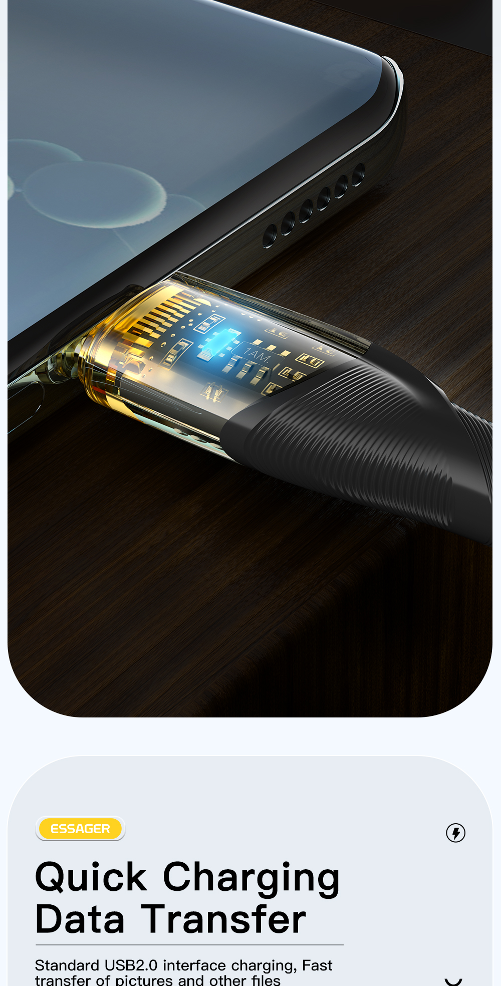 PVC Phone USB A To C Cable Transparent 100W 7A 480Mbps