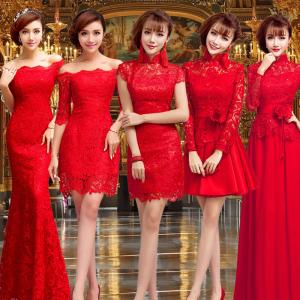 Quality Chinese Style Red Lace Bridal Dress Boat Neck Gorgeous Evening Dress TSJY094 wholesale