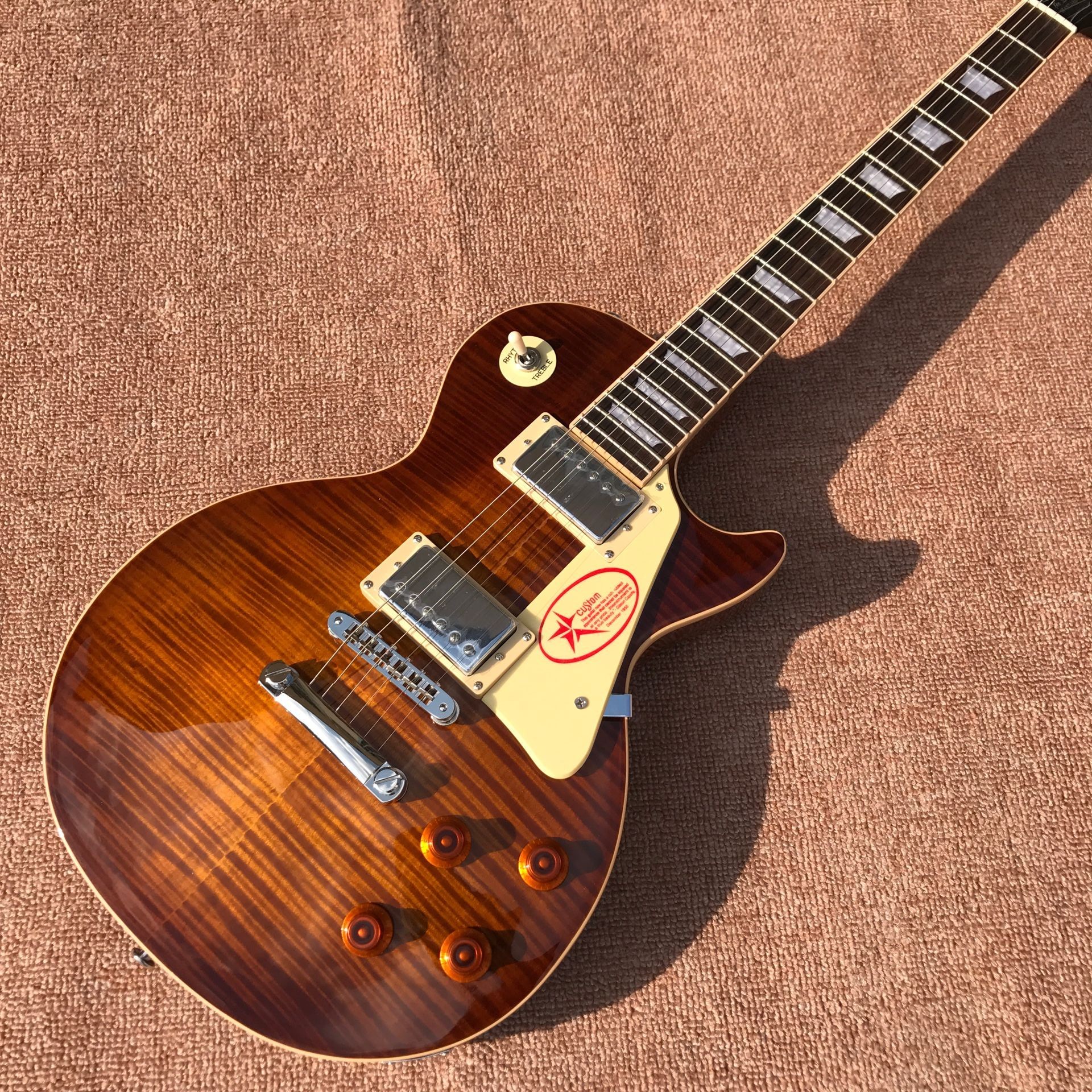 One piece Neck one piece body electric guitar, Upgrade Tune-o-Matic bridge guitar Tiger Flame standard guitar in sunburs