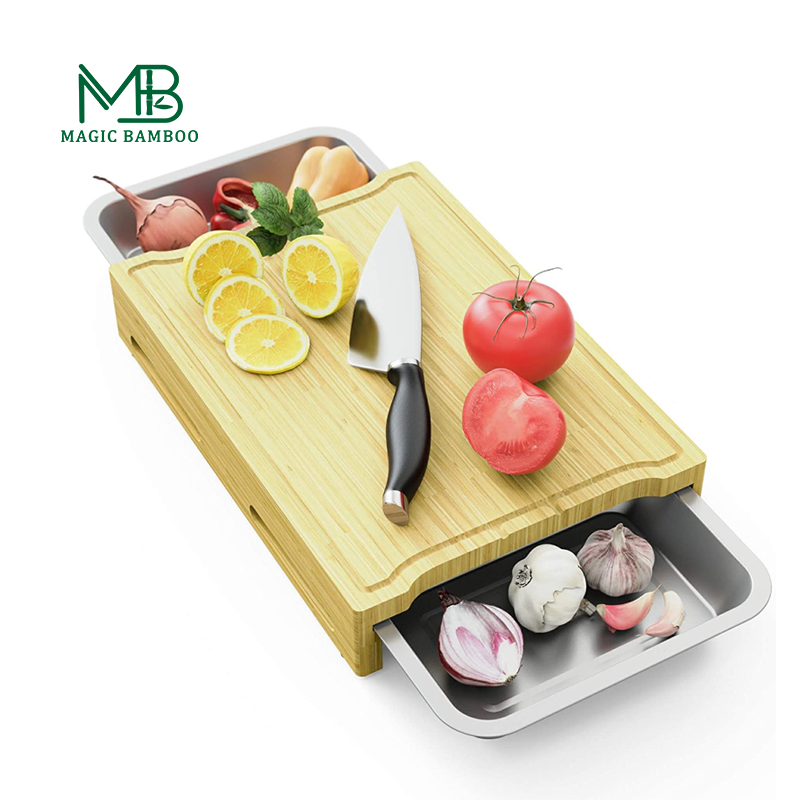 Natural Colour Rectangle Bamboo Chopping Cutting Board With Tray And Drawers For Kitchen