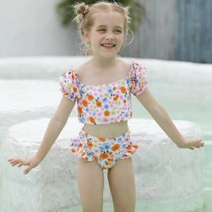 Quality Small Girls' Swimsuit Split White Printed Two Pieces Girl Swimsuit Lace Decoration Swimsuit wholesale