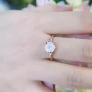 Quality Rose Gold Hexagon Shaped Wedding Genuine Moonstone Jewelry Dainty Natural Rainbow Moonstone Ring wholesale