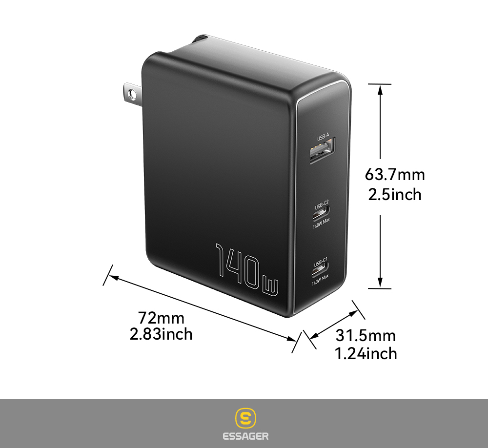 Mobile Phone GaN Chargers 140W With 3 Ports In 1 USB A 2 Type C PST-140C2A-LB-GAN Series