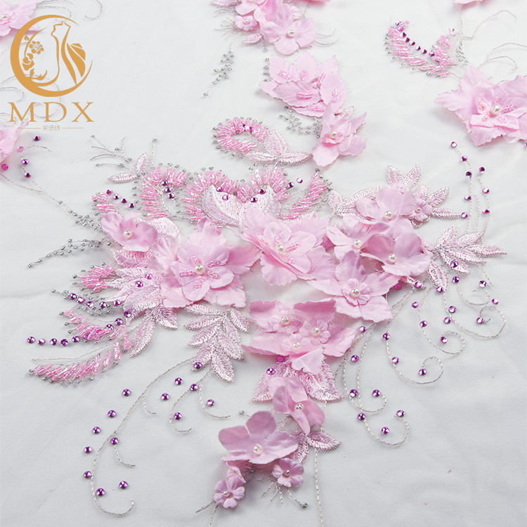 53 Inch Floral Embroidered Lace 20% Polyester Handmade Pink Flower Lace