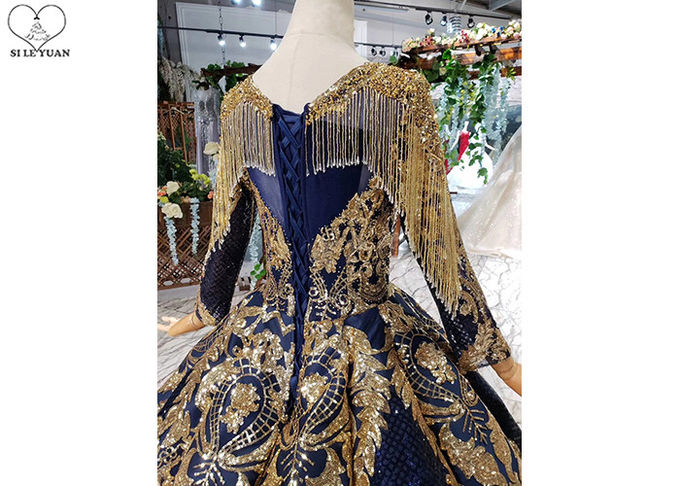 Luxury Navy Blue Tailor Made Prom Dresses Floor Length Beads Tassel Sparkly Lace