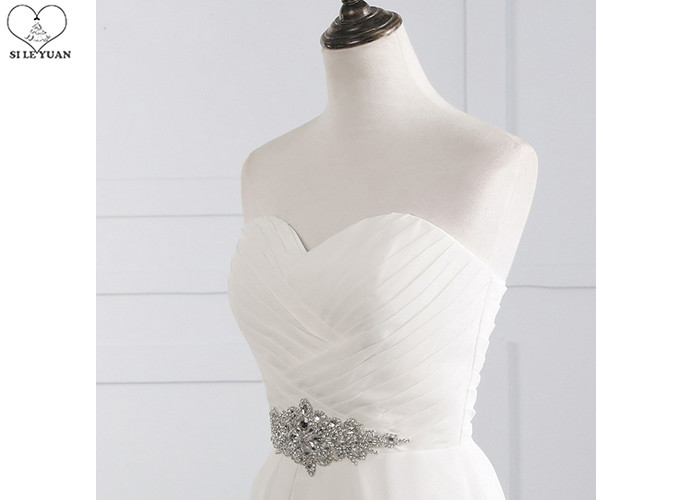 Off White Strapless Chiffon Bridal Gowns Pleating Beaded Belt Back Bandage