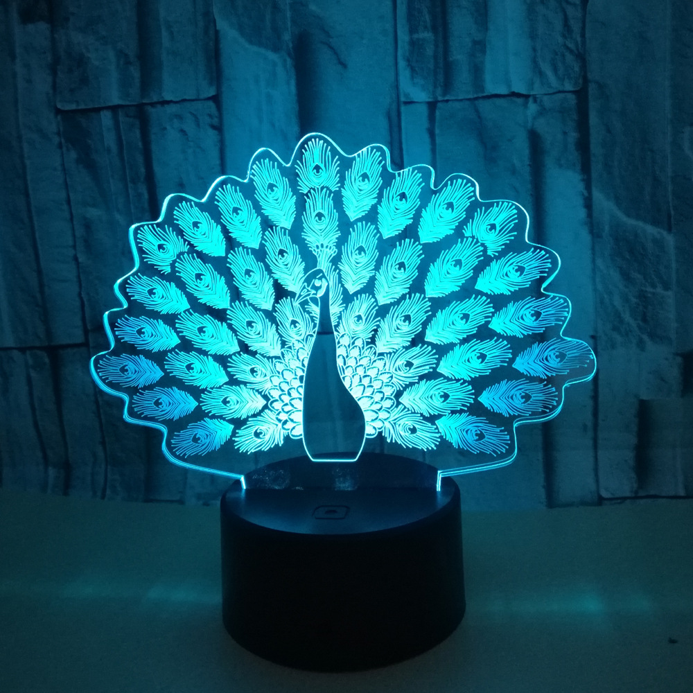 New peacock 3D night light Colorful touch LED visual Gift decoration atmosphere 3D small table lamp
