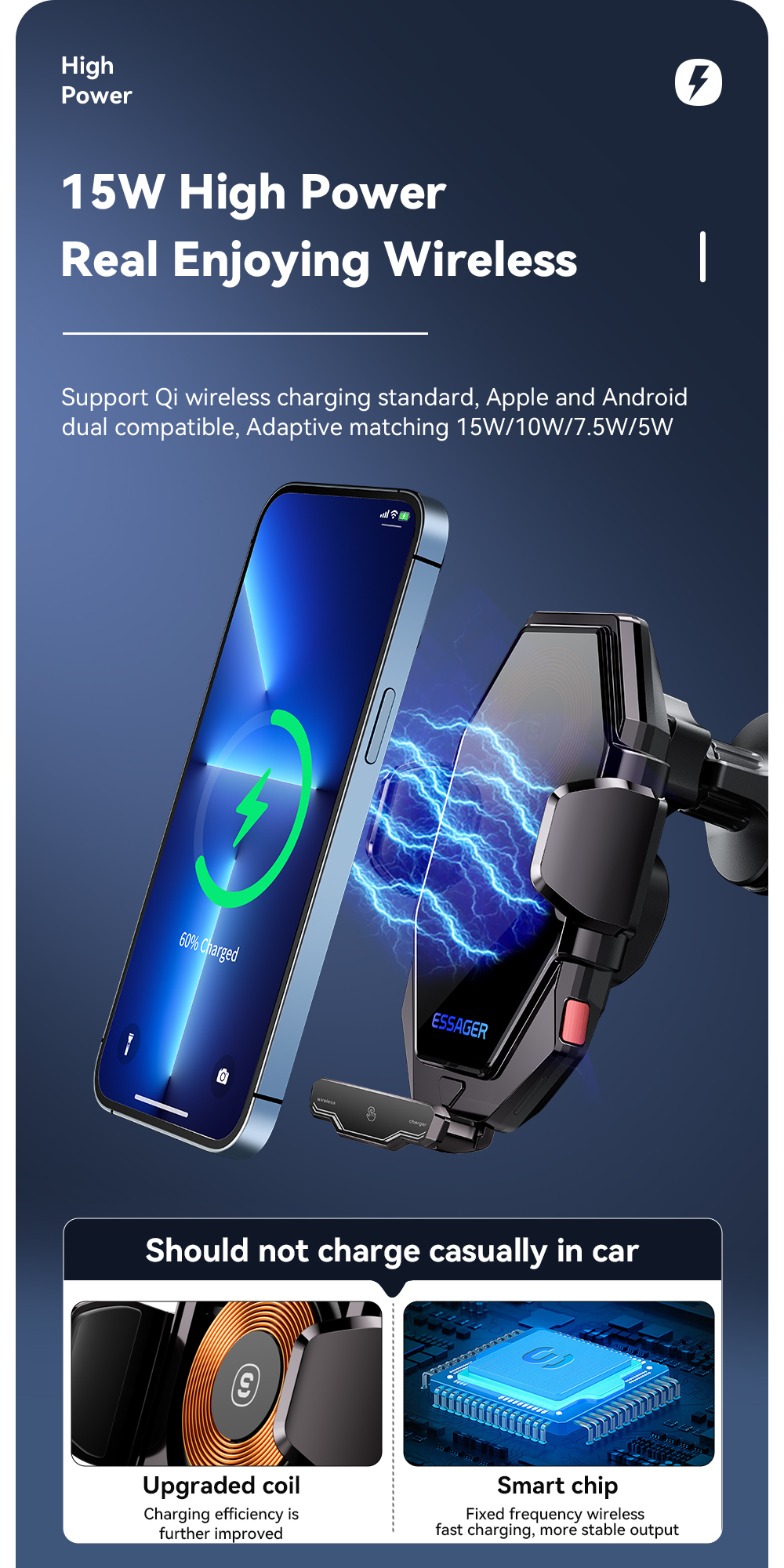 Essager 2023 Pilot 15W Wireless Car Phone Holder High Power 360 Free Rotation Fast Wireless Charging Car