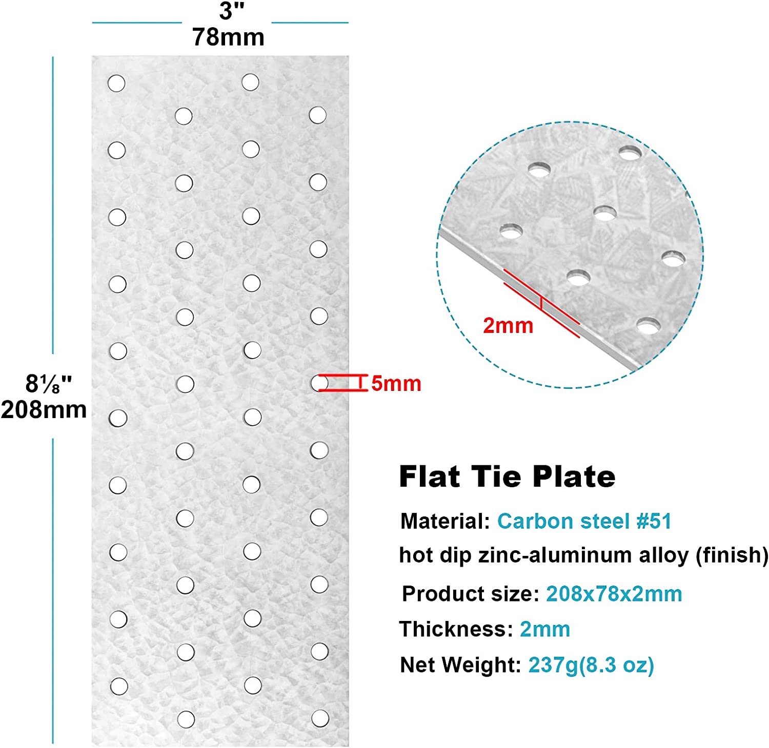 Galvanized Metal Fixing Bracket for Wood Repair Single-side Bracket 2-2.5mm Thickness