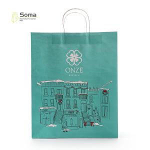 Quality Twisted Handle Food Take Away Bule Printed Kraft Paper Bags wholesale