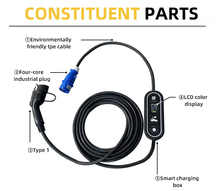 7kw 32A EV Portable Charger Type1 with Shucko Plug CE Certification 220V and 10M Cable Length LP55 Protection Level