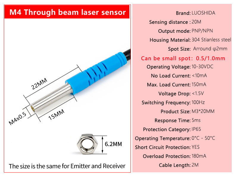 LUOSHIDA DC 3 Wire All Series Through Beam Laser Sensor 20m / 30m Sensing Distance
