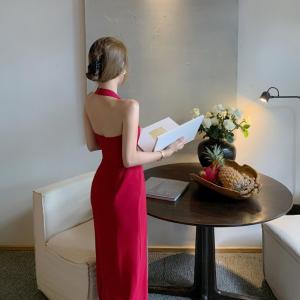 Quality Backless Halter Neck Split Womens Vacation Dresses Thin Cotton / Polyester / Spandex wholesale