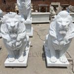 Red Marble Entrance Lion Statues Life Size Animal Sculpture Stone Carving Large