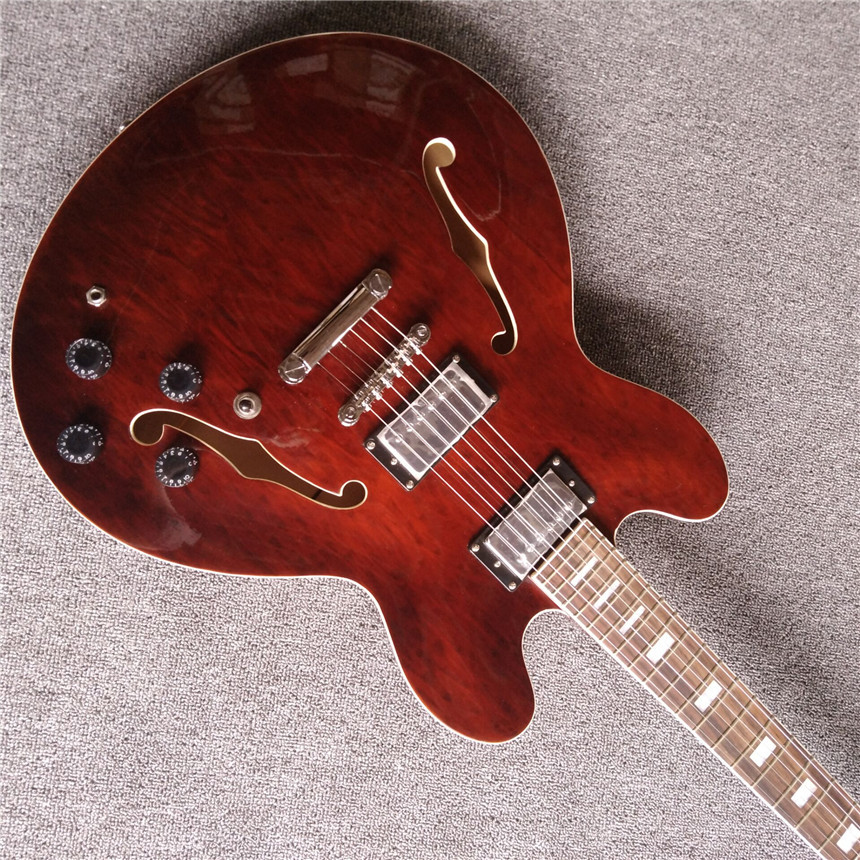 Hot sales hollow body electric guitar with wine color and silvery spare parts