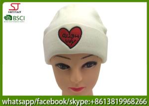 Quality Chinese manufactuer red heart embroidered knitting stripe hat cap beanie 79g 20*22cm 100%Acrylic keep warm wholesale