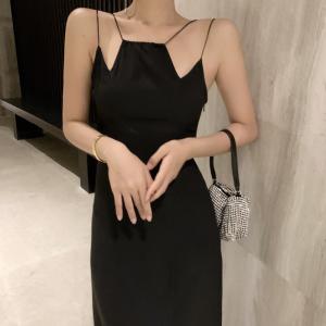Quality Retro Irregular Hem Suspender Sexy Elegant Black Dress wholesale