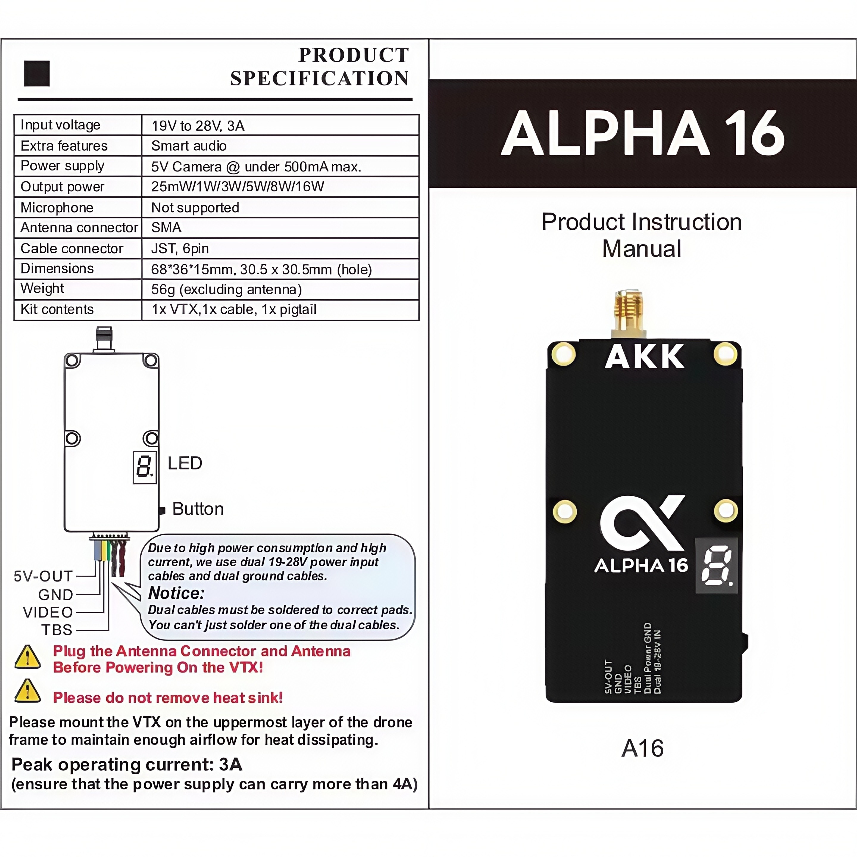 AKK Alpha 16 VTX 4.9G 5.8G 25mW/1W/3W/5W/8W/16W 96CH Video Transmitter Supportable Smart Audio