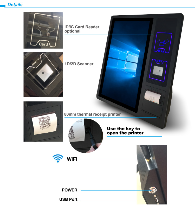 Bimi 21.5 Inch Touch Screen Self Service Kiosk 4G RAM Card Reader 80mm Thermal Receipt Printer