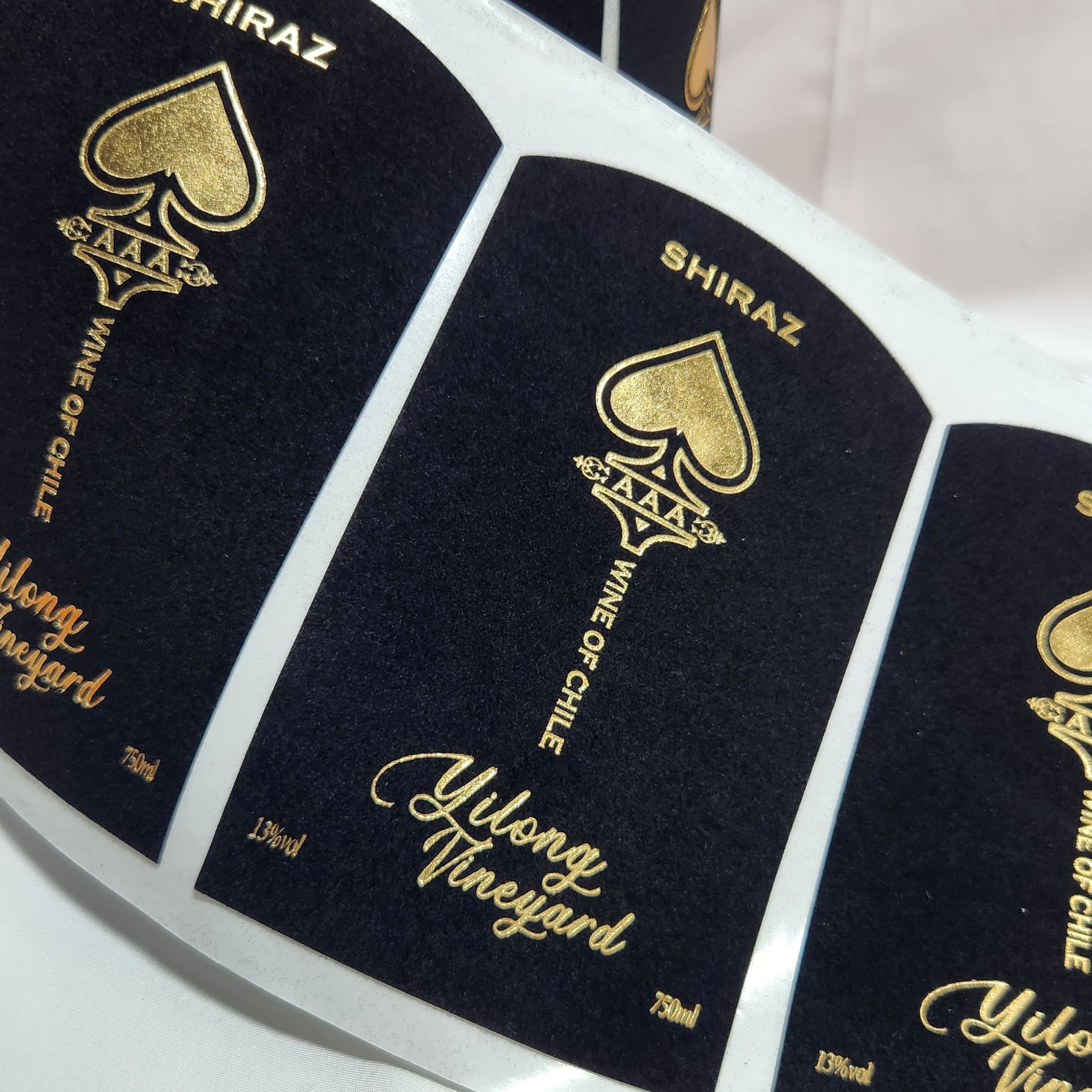 Customizable Printing Gold Foil Stamping Embossed Premium Velvet Paper Wine Label for Wine Bottles Labels Packaging.