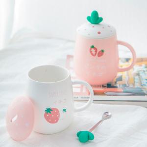 Quality 460ml Volume Cute Cartoon Design Ceramic Mug With Lid And Spoon Girls' Tableware wholesale