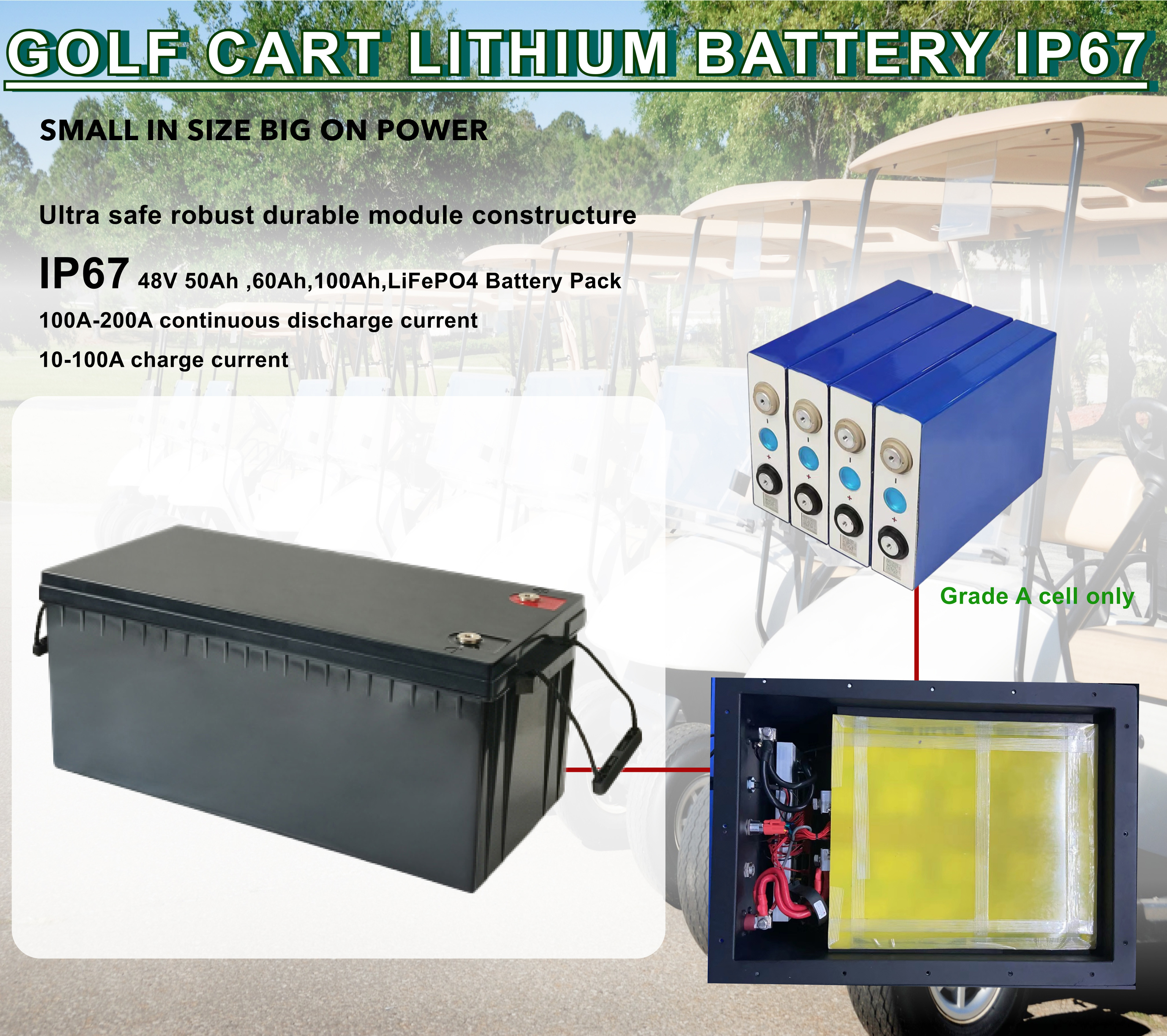 Lightweight Lithium LiFePo4 Battery , 48V 100Ah 105Ah Electric Golf Cart Batteries