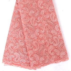 Quality Peach 120-130 cm embroidery on net with beads and stones switzerland lace fabric wholesale