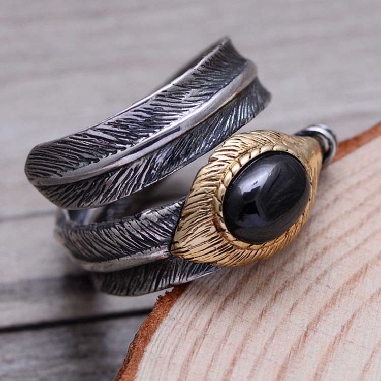 Black Onyx Oxidized Feather 925 Sterling Silver Adjustable Ring (052639BLACK)