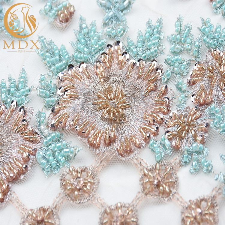 Polyester Beads Multicolor Lace Fabric / Types Of Lace For Wedding Dresses