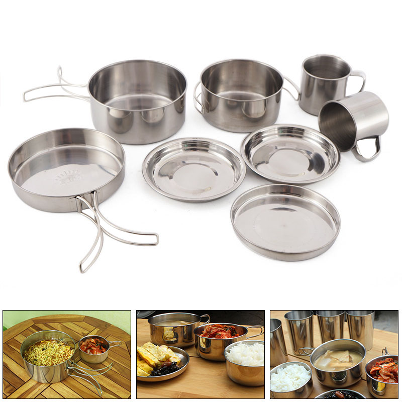 8PCS Camping Outdoor Cookware Set Stainless Steel Camp Accessories