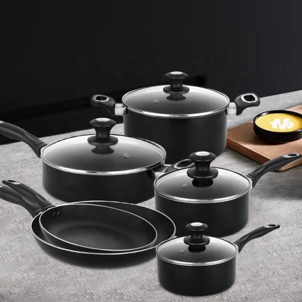 Hot Sale 10 Pcs Aluminum Cooking Pot Set Custom Pots And Pans Cookware Black