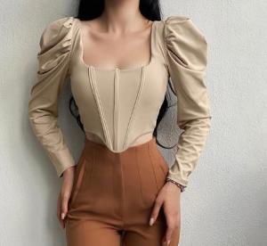 Quality Small Order Clothing Manufacturers Vintage Square Neck Long Puff Sleeve Boning Tunic Cropped Top wholesale