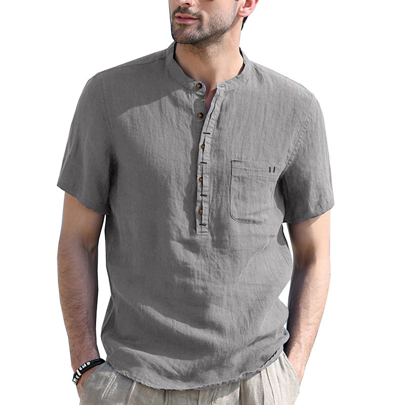 Summer New Stand-up Collar Men&prime;s Linen Shirt Breathable Short Sleeve Cotton Linen Shirt Men