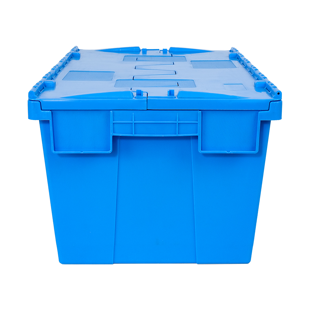 Secure Industrial Transport PP Tote Bin with Attached Lid and Stackable Design
