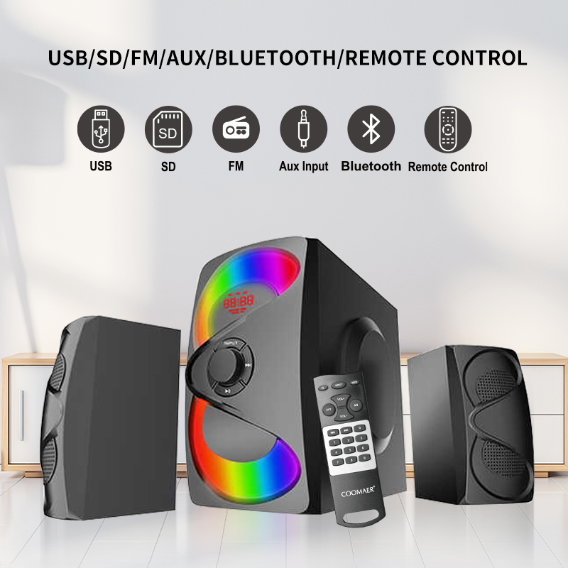 USB/SD/FM/BT/Remote Control Speaker Active Surround Audio Subwoofer with LED Light and Wood Design