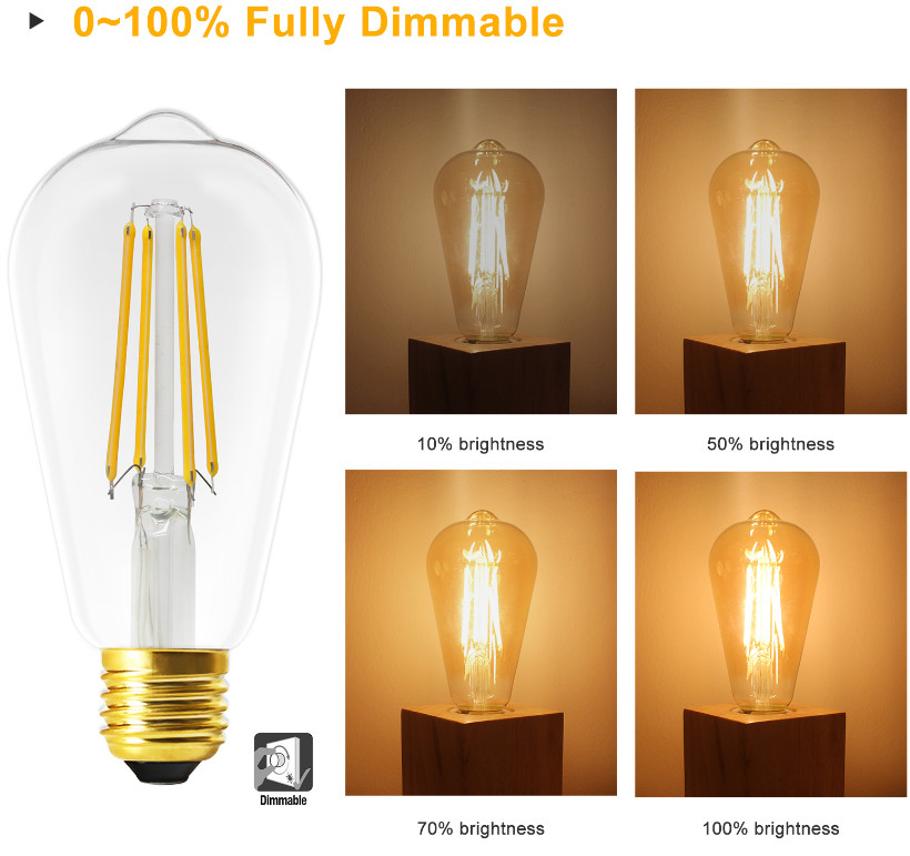 8W ST64 E27 Dimmable Edison Bulb Decorative Filament Light Bulbs 1050lm