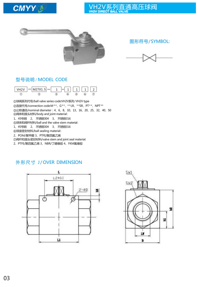 315 Bar High Pressure Hydraulic Ball Valve Two Way Two Position Straight Type