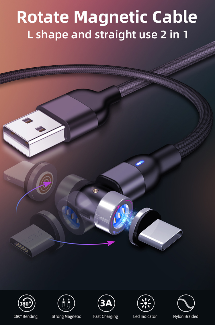 540 Degree 3A Magnetic Micro USB Quick Charging Cable