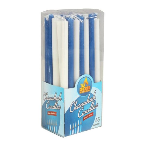 45pk 100% paraffin wax unscented long chanukah candles white and blue packed